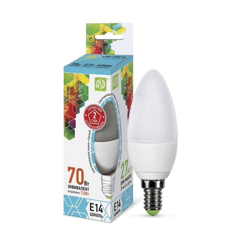 Лампа светодиодная LED-свеча-standard 7.5Вт свеча 4000К белый E14 675лм 160-260В ASD 4690612003931