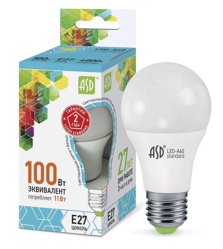 Лампа светодиодная LED-A60-standard 11Вт грушевидная 4000К белый E27 990лм 160-260В ASD 4690612001715