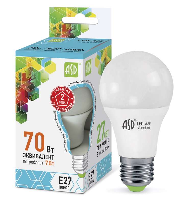 Лампа светодиодная LED-A60-standard 7Вт грушевидная 4000К белый E27 630лм 160-260В ASD 4690612001678