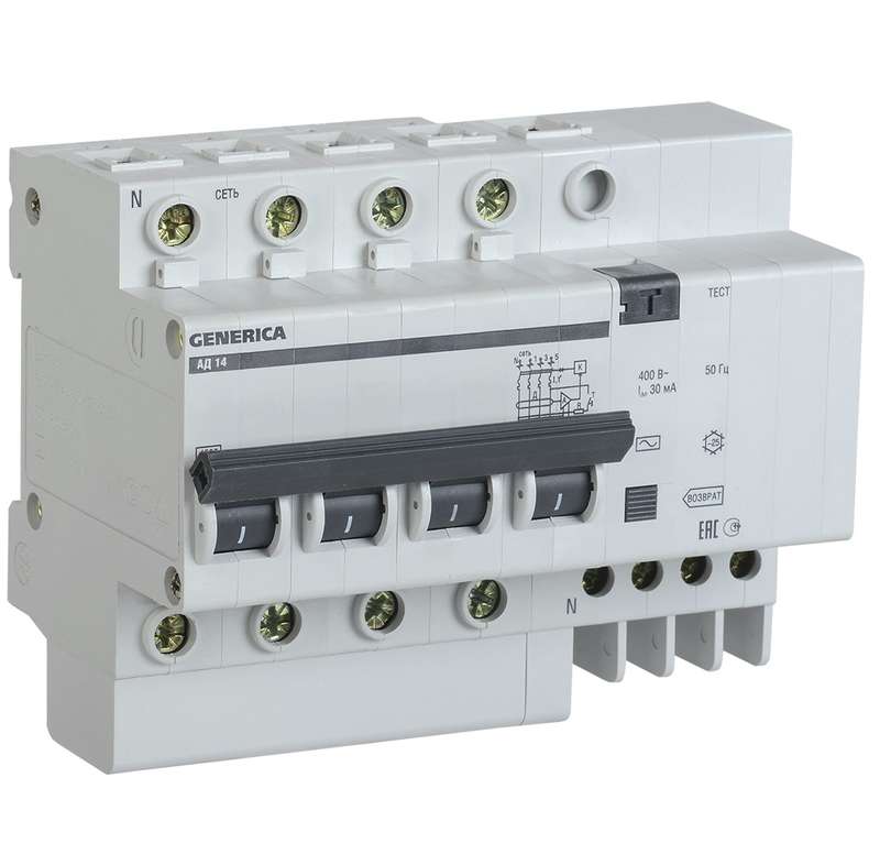 Выключатель автоматический дифференциального тока 4п 10А 30мА АД14 GENERICA ИЭК MAD15-4-010-C-030