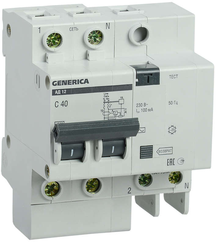 Выключатель автоматический дифференциального тока 2п 40А 100мА АД12 GENERICA ИЭК MAD15-2-040-C-100