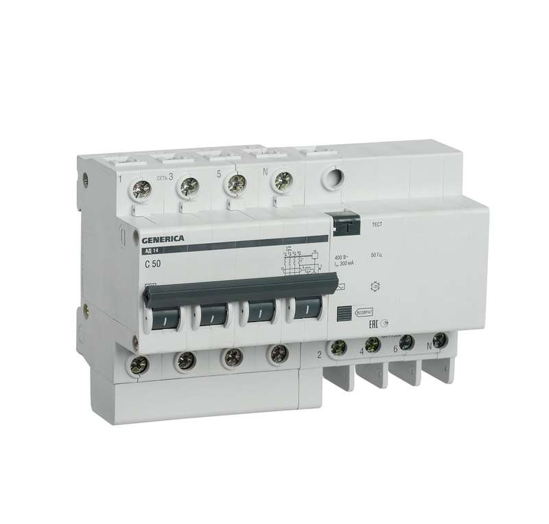 Выключатель автоматический дифференциального тока 4п 50А 300мА АД14 GENERICA ИЭК MAD15-4-050-C-300