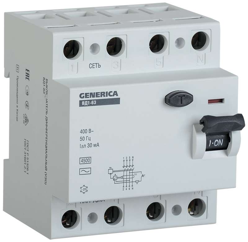 Выключатель дифференциального тока (УЗО) 4п 16А 30мА тип AC ВД1-63 GENERICA ИЭК MDV15-4-016-030