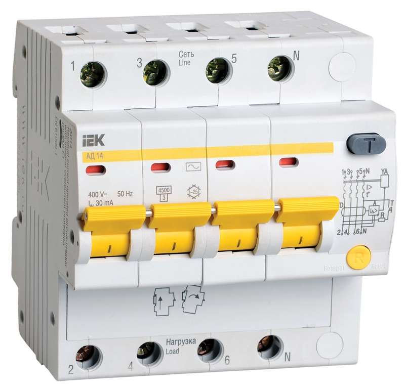 Выключатель автоматический дифференциального тока 4п C 40А 30мА тип AC 4.5кА АД-14 ИЭК MAD10-4-040-C-030