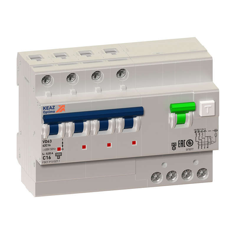Выключатель автоматический дифференциального тока 4п C 63А 30мА тип A 6кА OptiDin VD63 УХЛ4 КЭАЗ 103482