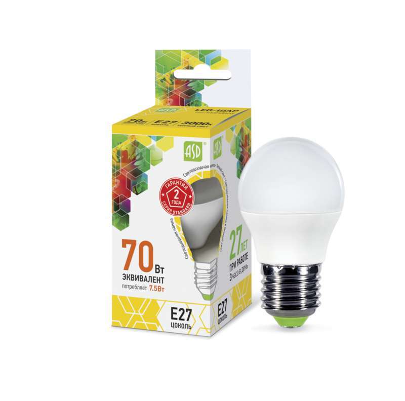 Лампа светодиодная LED-шар-standard 7.5Вт шар 3000К тепл. бел. E27 675лм 160-260В ASD 4690612003986
