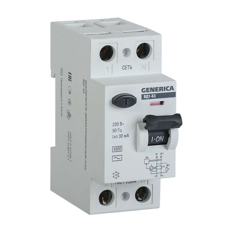 Выключатель дифференциального тока (УЗО) 2п 25А 30мА тип AC ВД1-63 GENERICA ИЭК MDV15-2-025-030