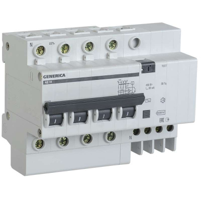 Выключатель автоматический дифференциального тока 4п 16А 30мА АД14 GENERICA ИЭК MAD15-4-016-C-030