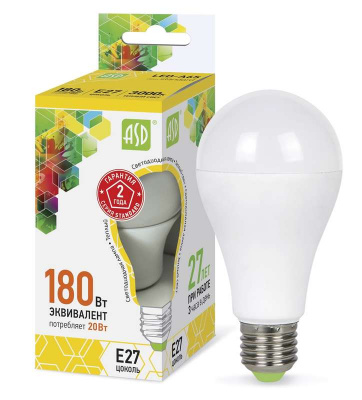 Лампа светодиодная LED-A60-standard 20Вт грушевидная 3000К тепл. бел. E27 1800лм 160-260В ASD 4690612004198