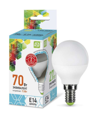 Лампа светодиодная LED-шар-standard 7.5Вт шар 4000К белый E14 675лм 160-260В ASD 4690612003979